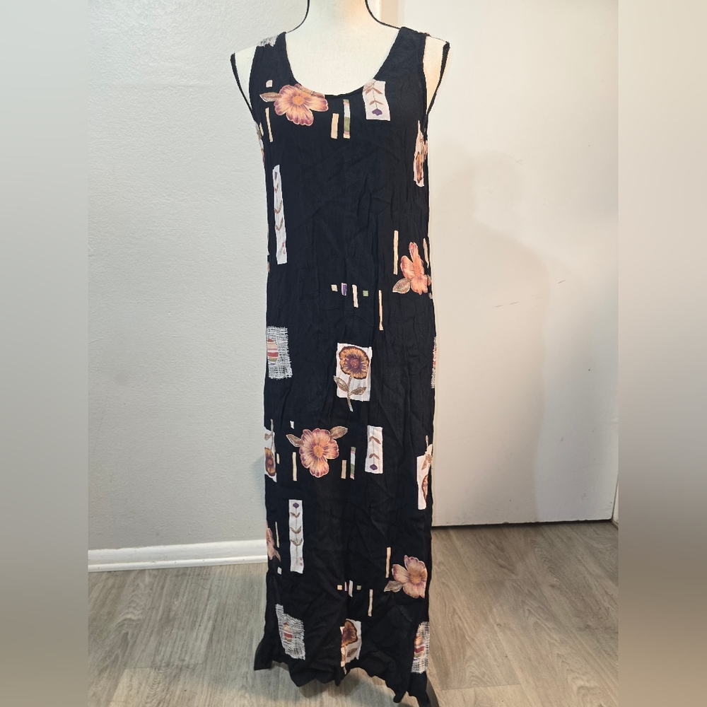 Sleeveless Black Maxi Dress with Peach Floral Motif
